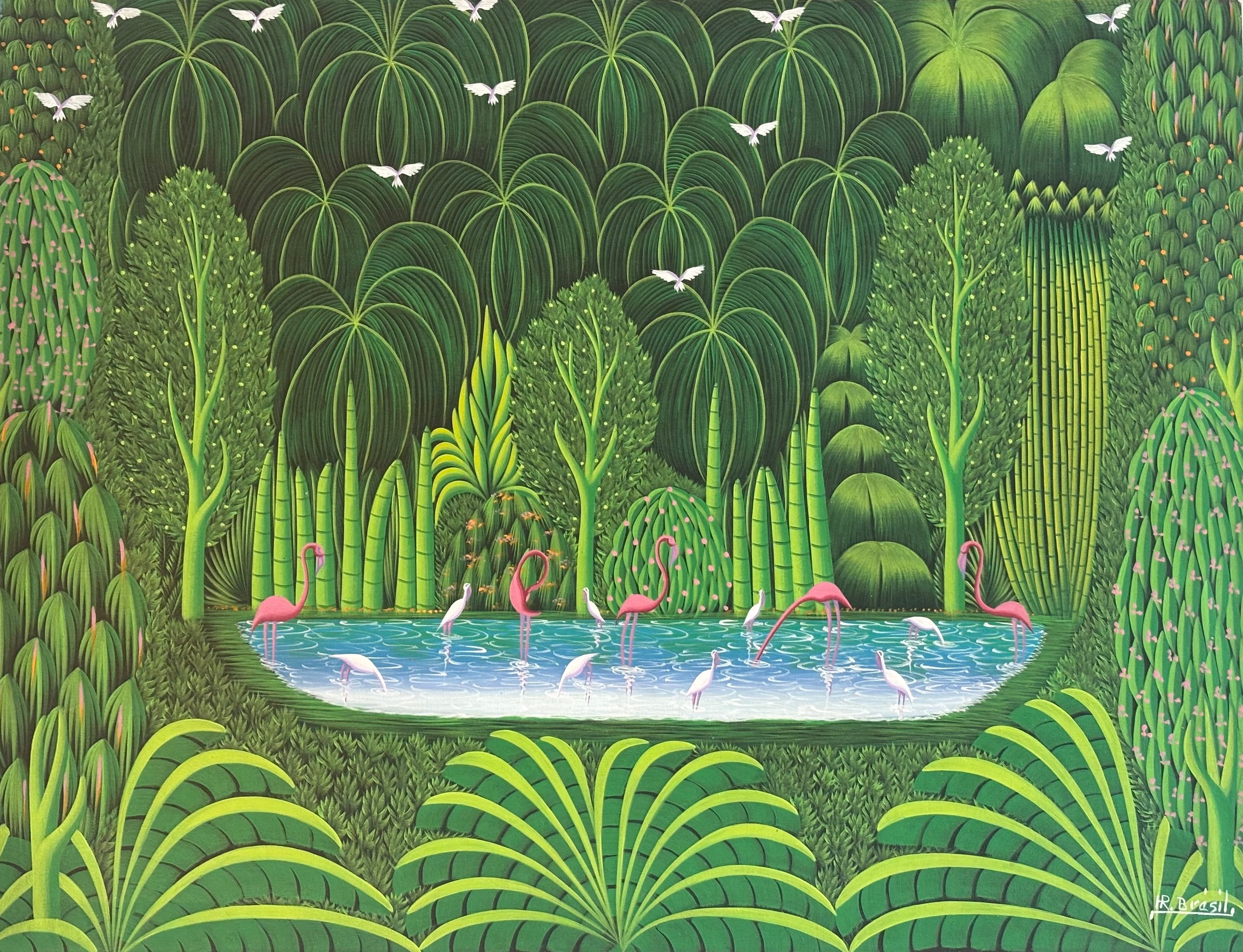 Detail of Paradis by Henri-Robert Brésil: pink flamingos and white egrets wading in a blue pond, ringed by palms, bamboo and tall green trees.